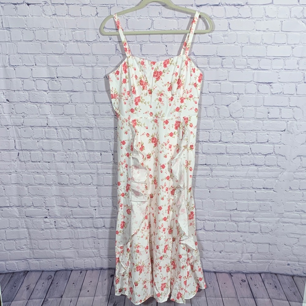 Belle Poque Womens Floral Midi Dress White Pink Sz L Coquette Cottagecore Dainty